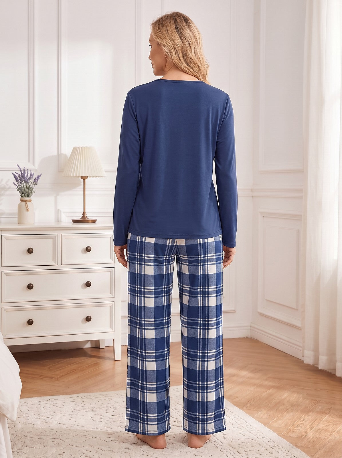 Women's Check Pyjama Set Wide Leg Trousers