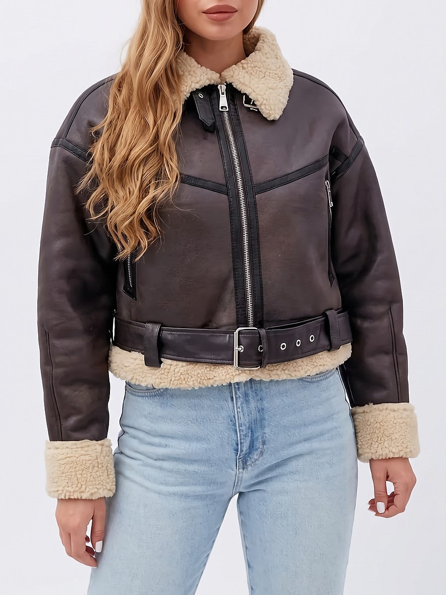 Ladies Faux Fur Collar Aviator Jacket