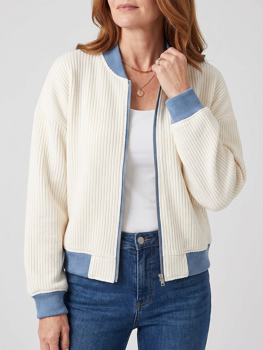 Ladies Ribbed Knit Zip Bomber Jacket