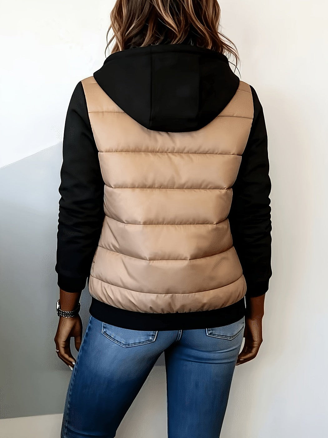 Women's Padded Hooded Jacket with Knit Sleeves