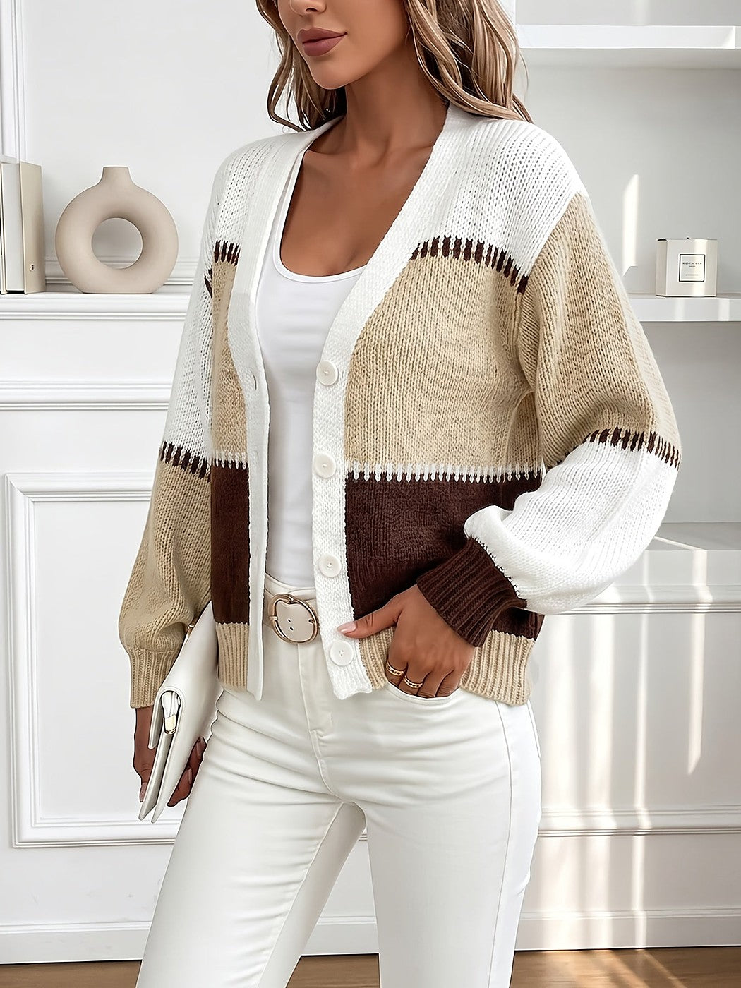 Women's Chunky Rib Puff Sleeve Cardigan