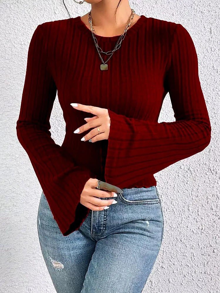 Women's Easy Wear Flare Sleeve Ribbed Top