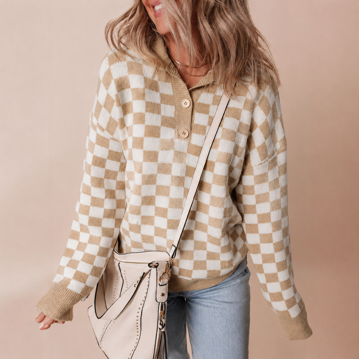 Women's Checkerboard Pattern Jumper with Collar and Buttons