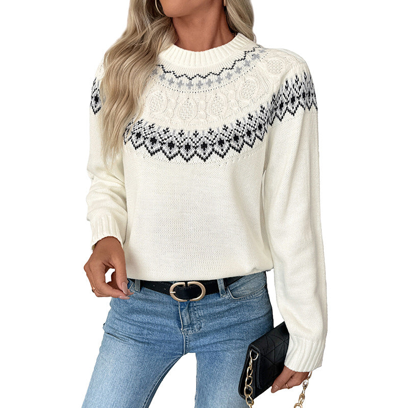 Women's Knitted Jumper with Norwegian Pattern and Round Neckline