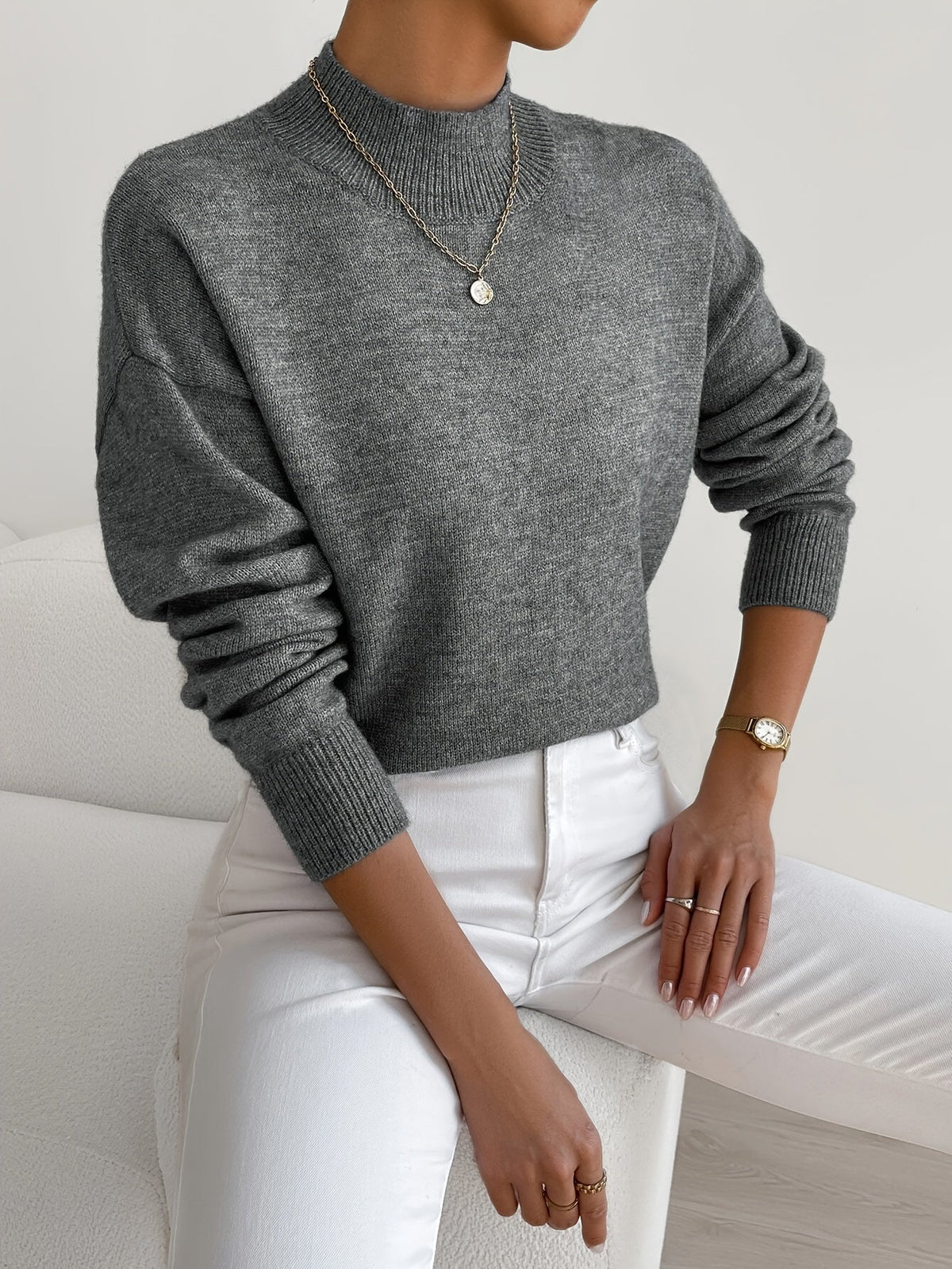 Women's Mock Neck Jumper with Reinforced Seams in Grey