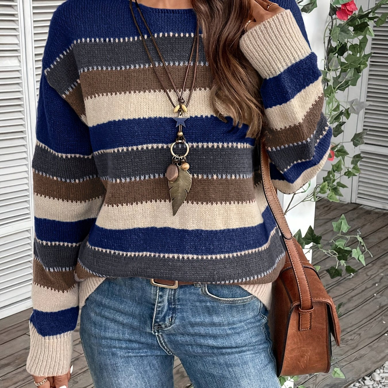 Women's Round Neck Chunky Knit Jumper in Colourful Design