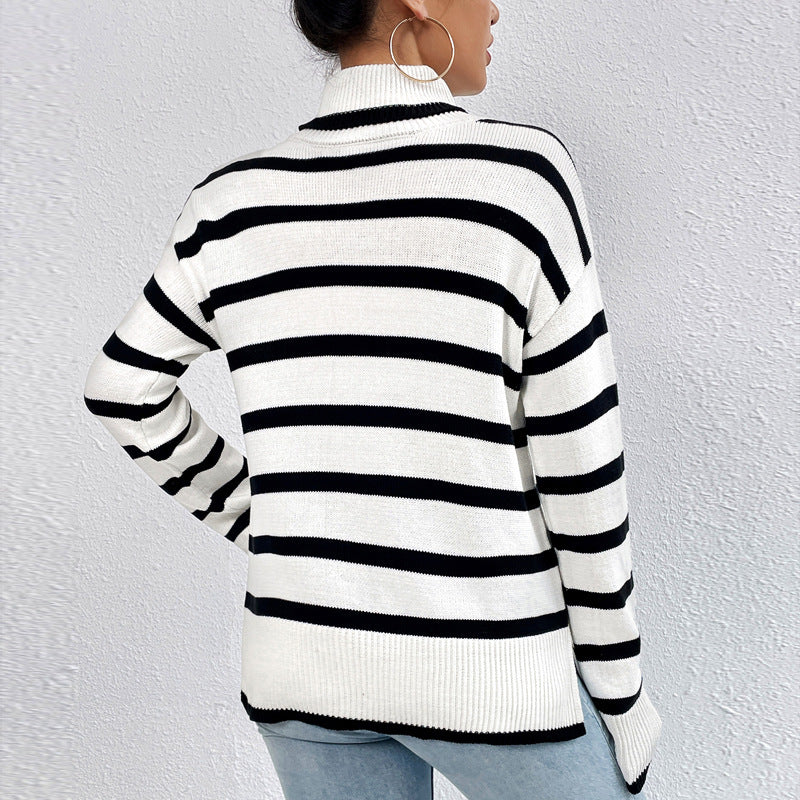 Women's Striped High-Neck Jumper in Soft Knit Fabric