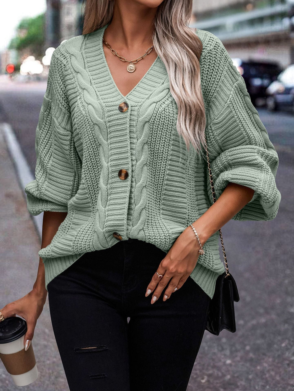 Women's Textured Knit Cardigan with Button Front and V-Neck