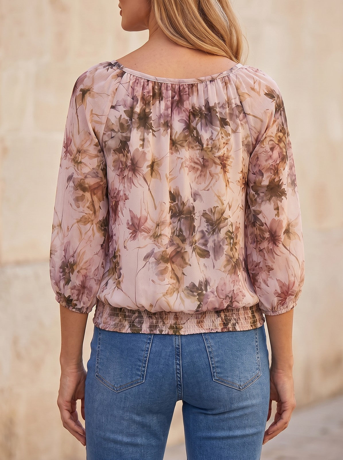 Women's Floral Chiffon Puff Sleeve Blouse
