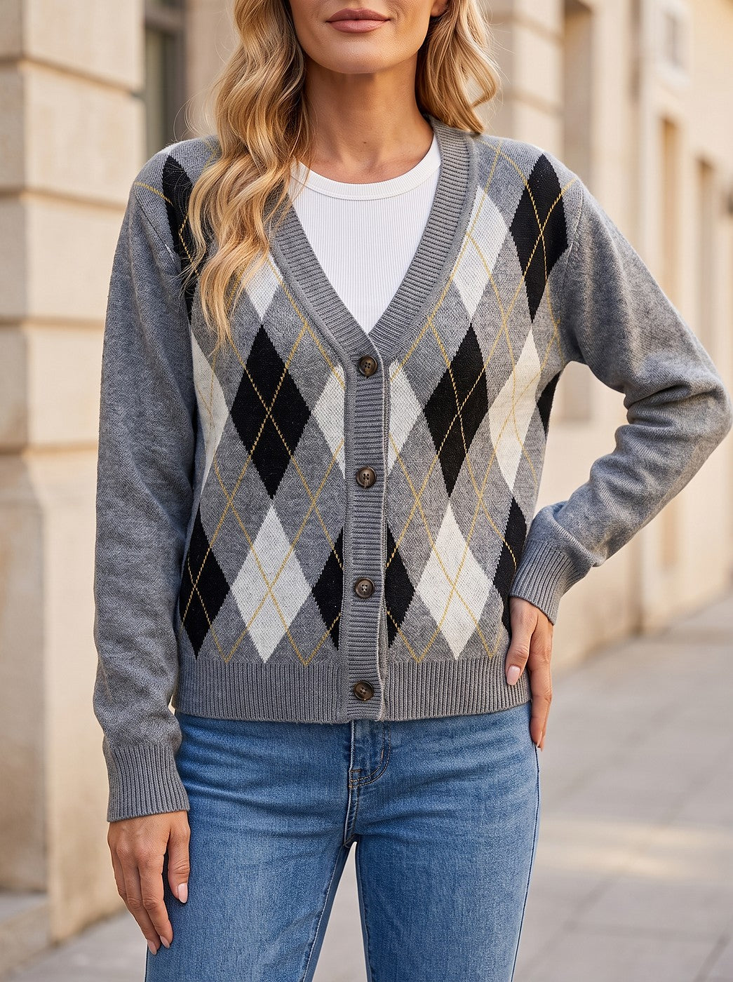 Women's Diamond Argyle Cardigan Ribbed Trim