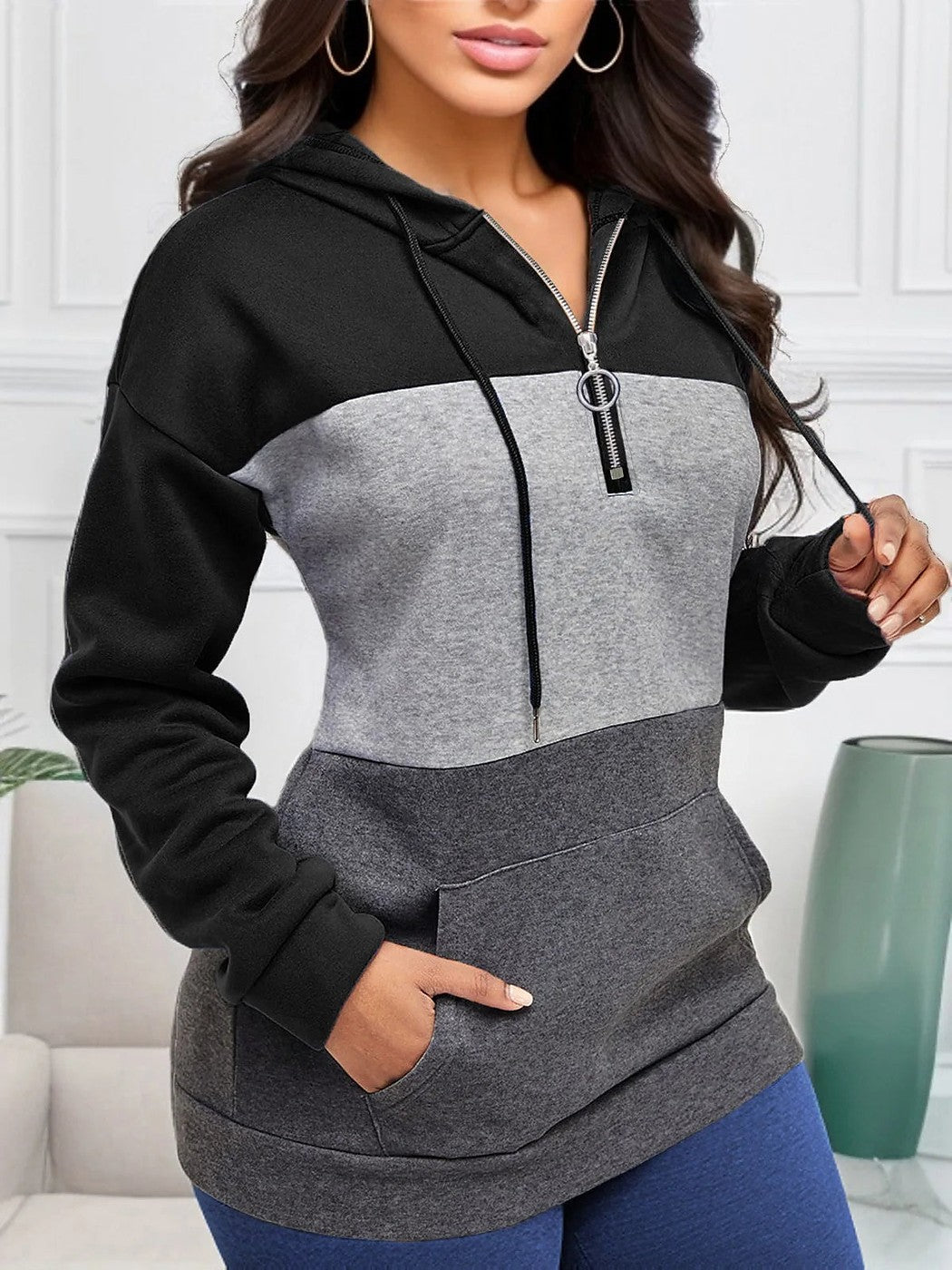 Women's Winter Colour Block Hooded Sweatshirt