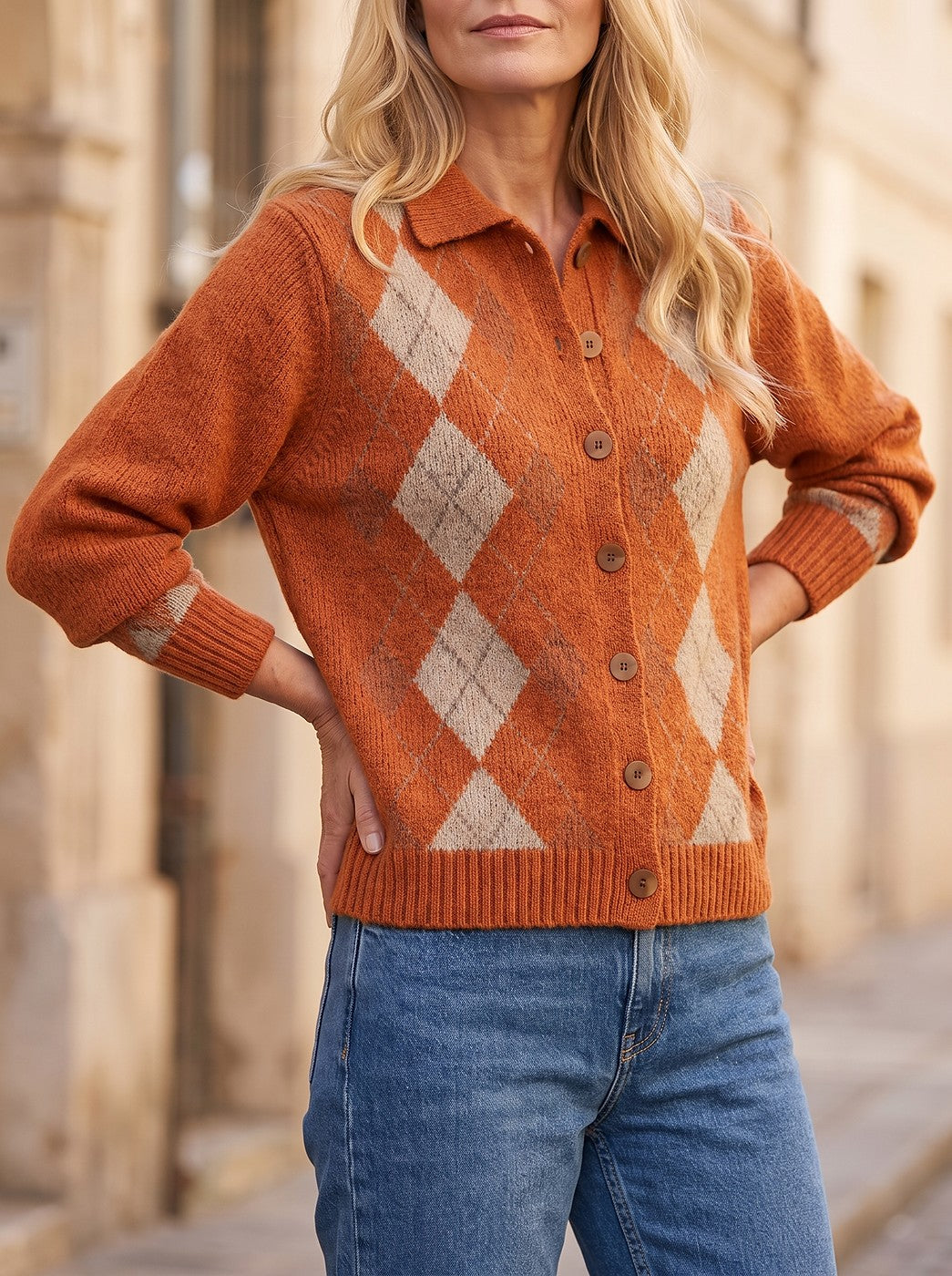 Women's Argyle Trim Collared Cosy Cardigan