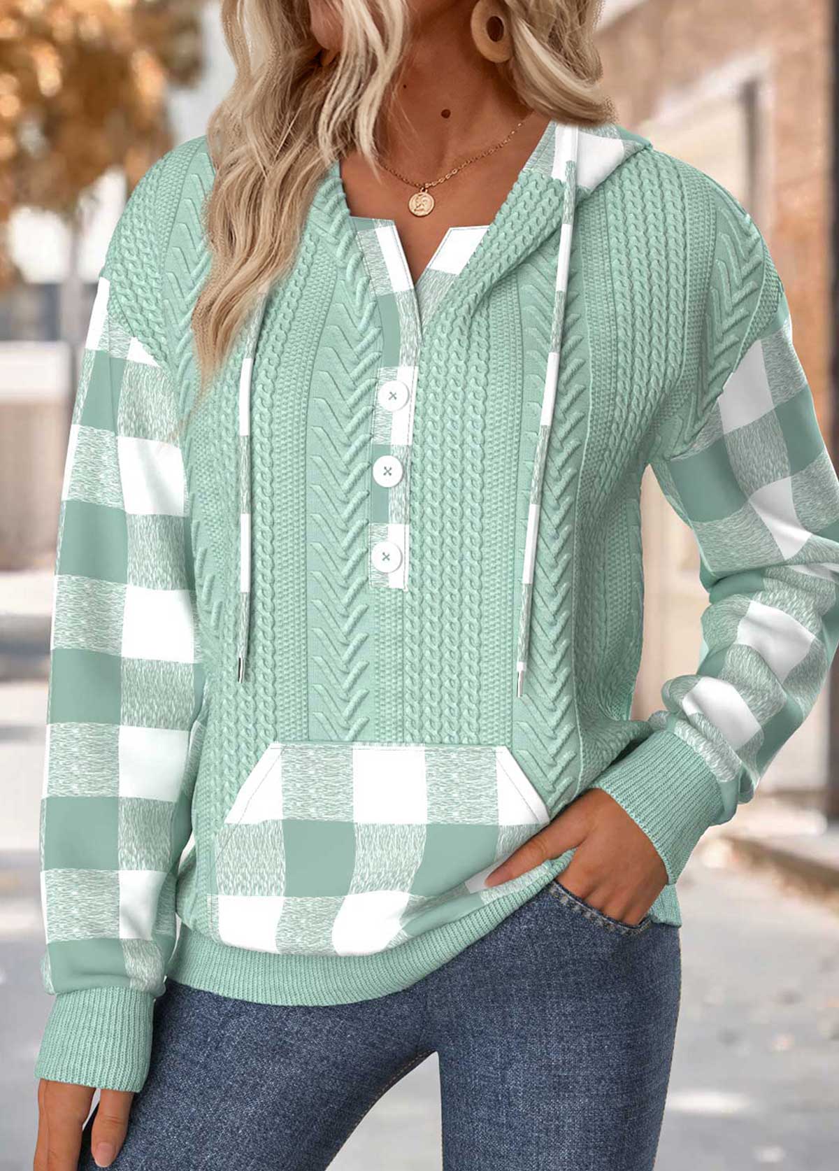 Ladies Check Sleeve Cable Knit Hoodie