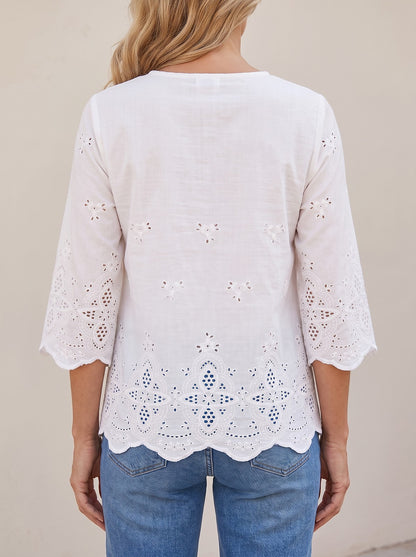 Women's Eyelet Lace Notched Neck Shirt
