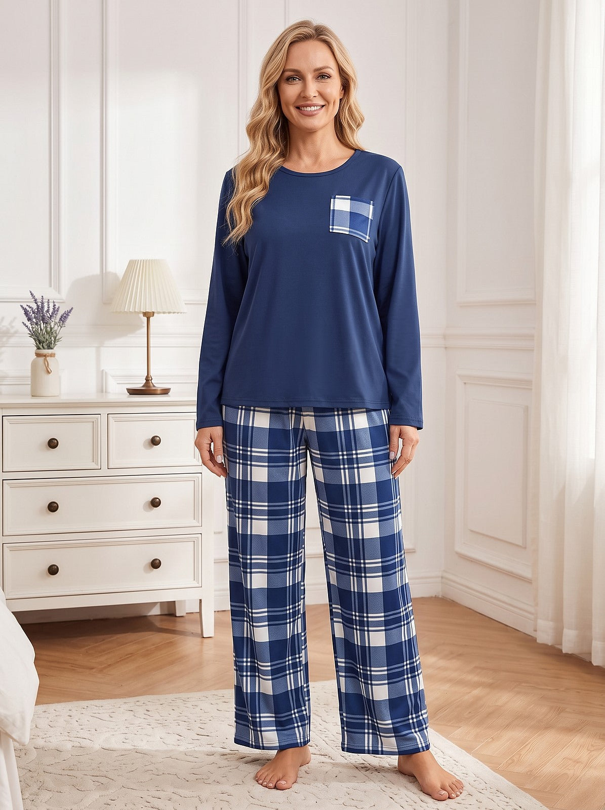 Women's Check Pyjama Set Wide Leg Trousers