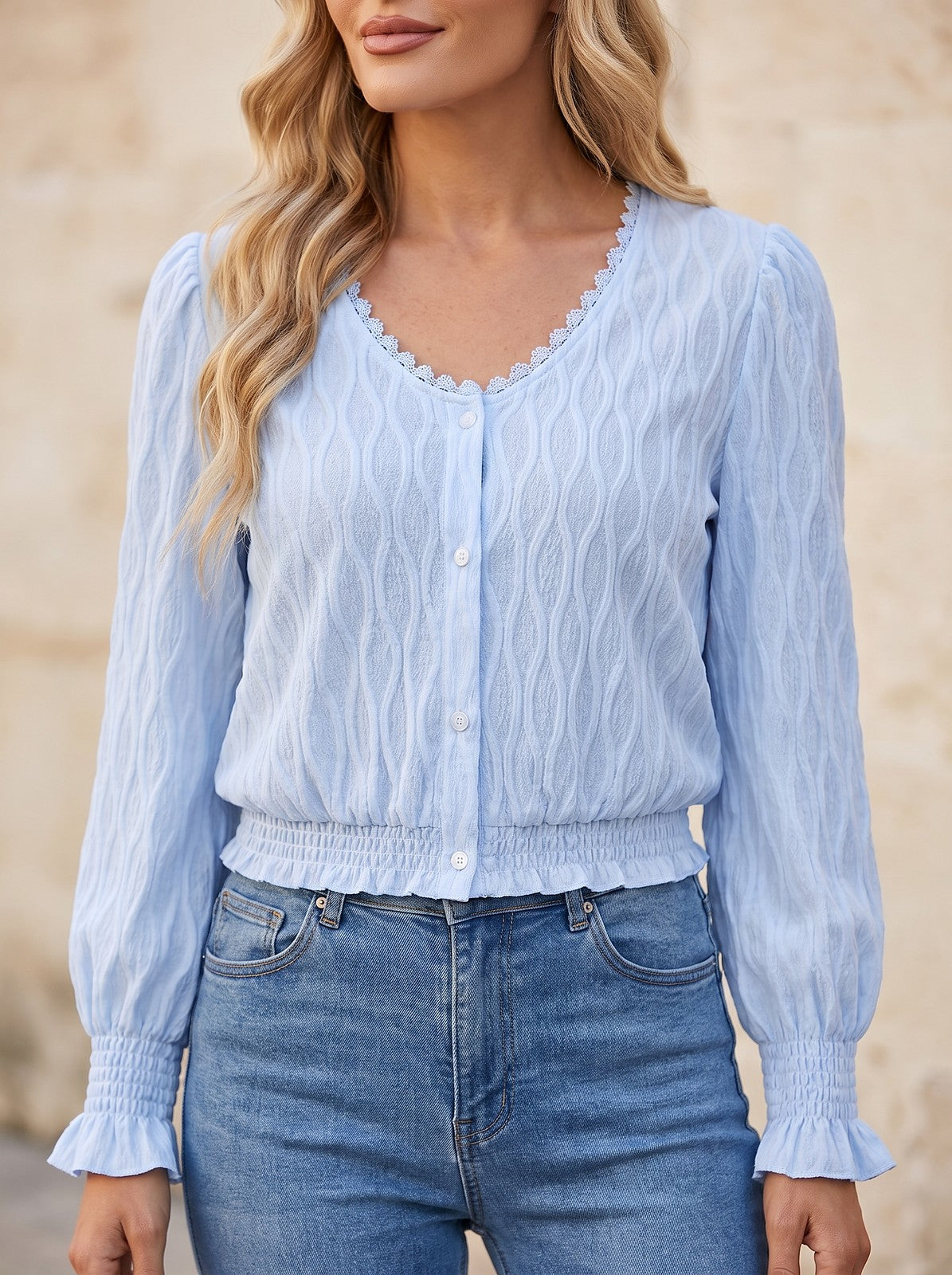 Women's Lace Button Ruffle Blouse