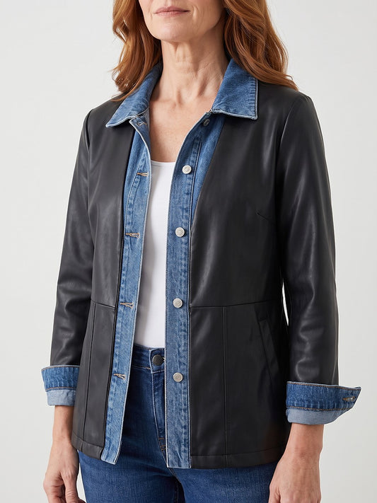Ladies Faux Leather Denim Trim Jacket