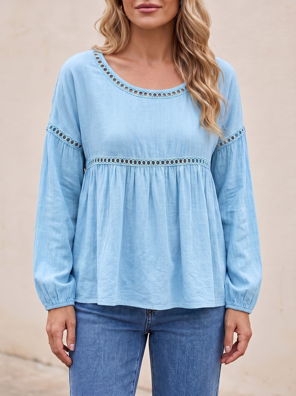 Women's Loose Hollow Lace Long Sleeve Top