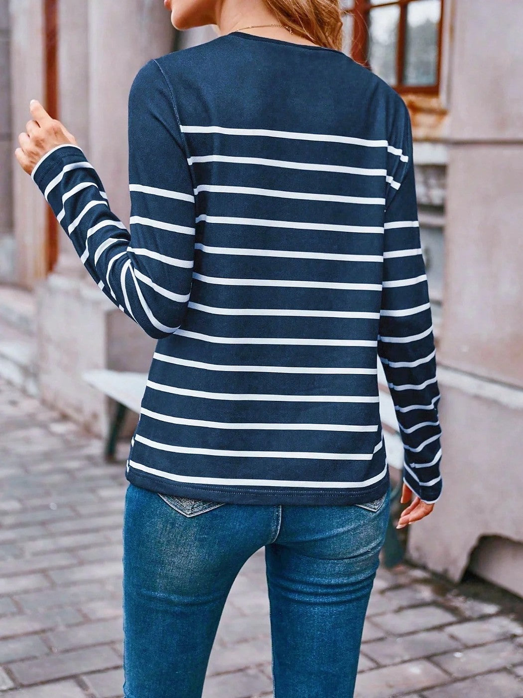 Women's Striped Henley Long Sleeve Top