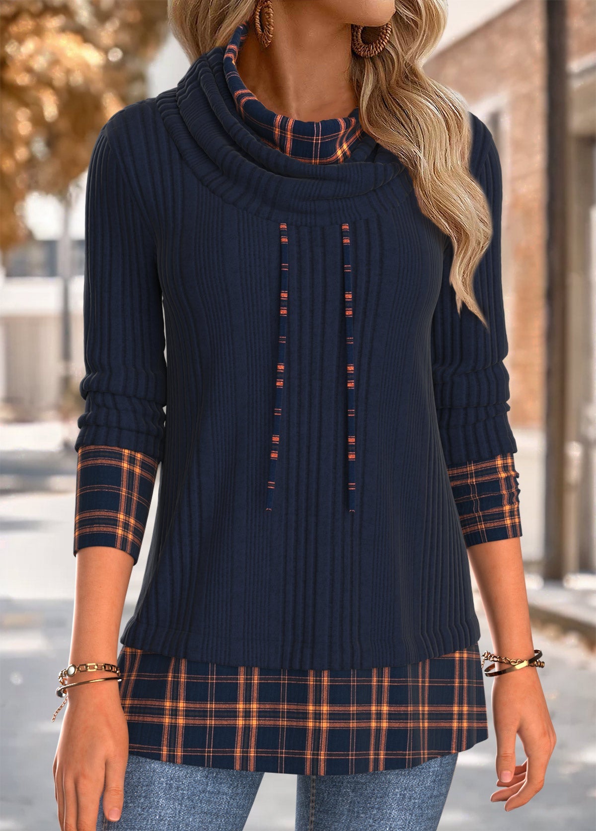 Ladies Funnel Neck Check Hem Tunic