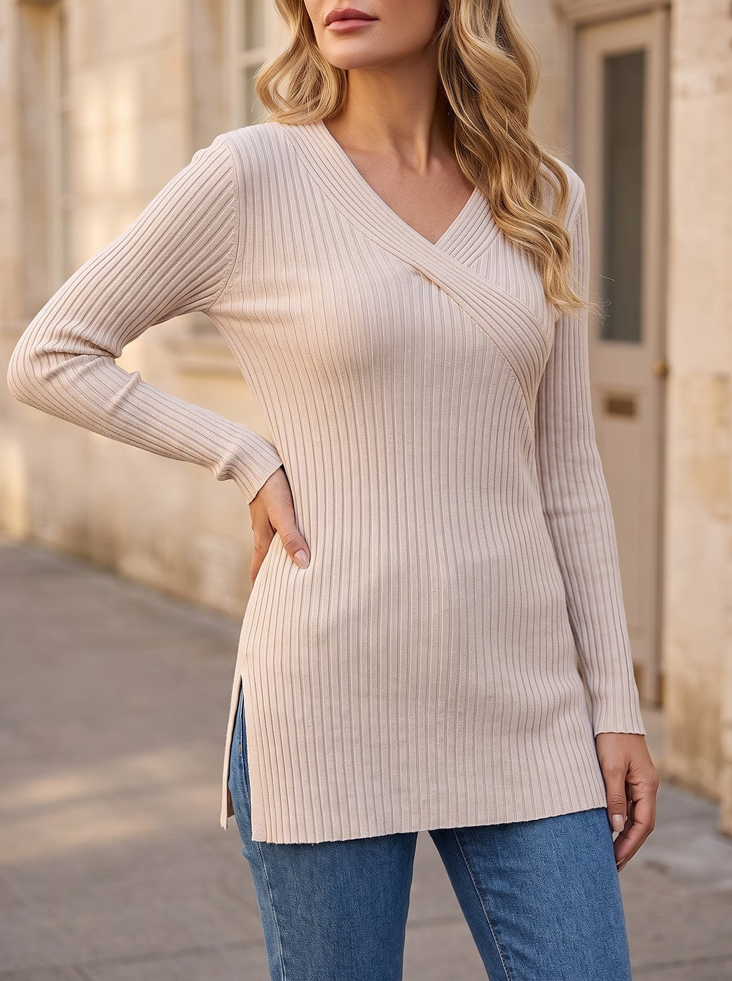 Women's Ribbed Wrap Front Split Hem Top