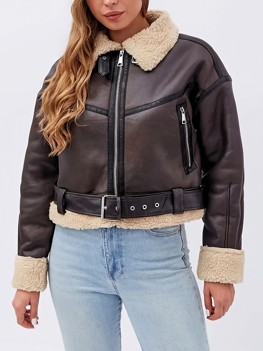 Ladies Faux Fur Collar Aviator Jacket
