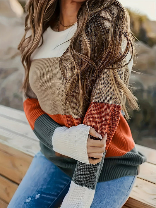 Women's Banded Stripe Round Neck Jumper
