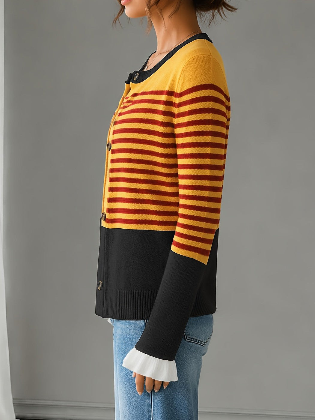 Women's Frill Cuff Stripe Knit Cardigan