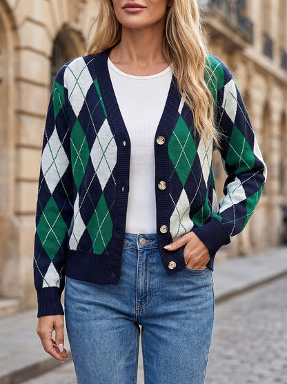 Women's Diamond Argyle Cardigan Ribbed Trim
