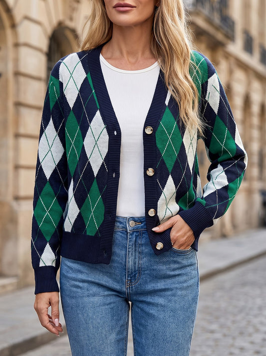 Women's Diamond Argyle Cardigan Ribbed Trim