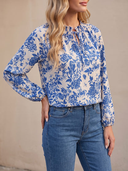 Women's Lightweight Botanical Print Puff Blouse