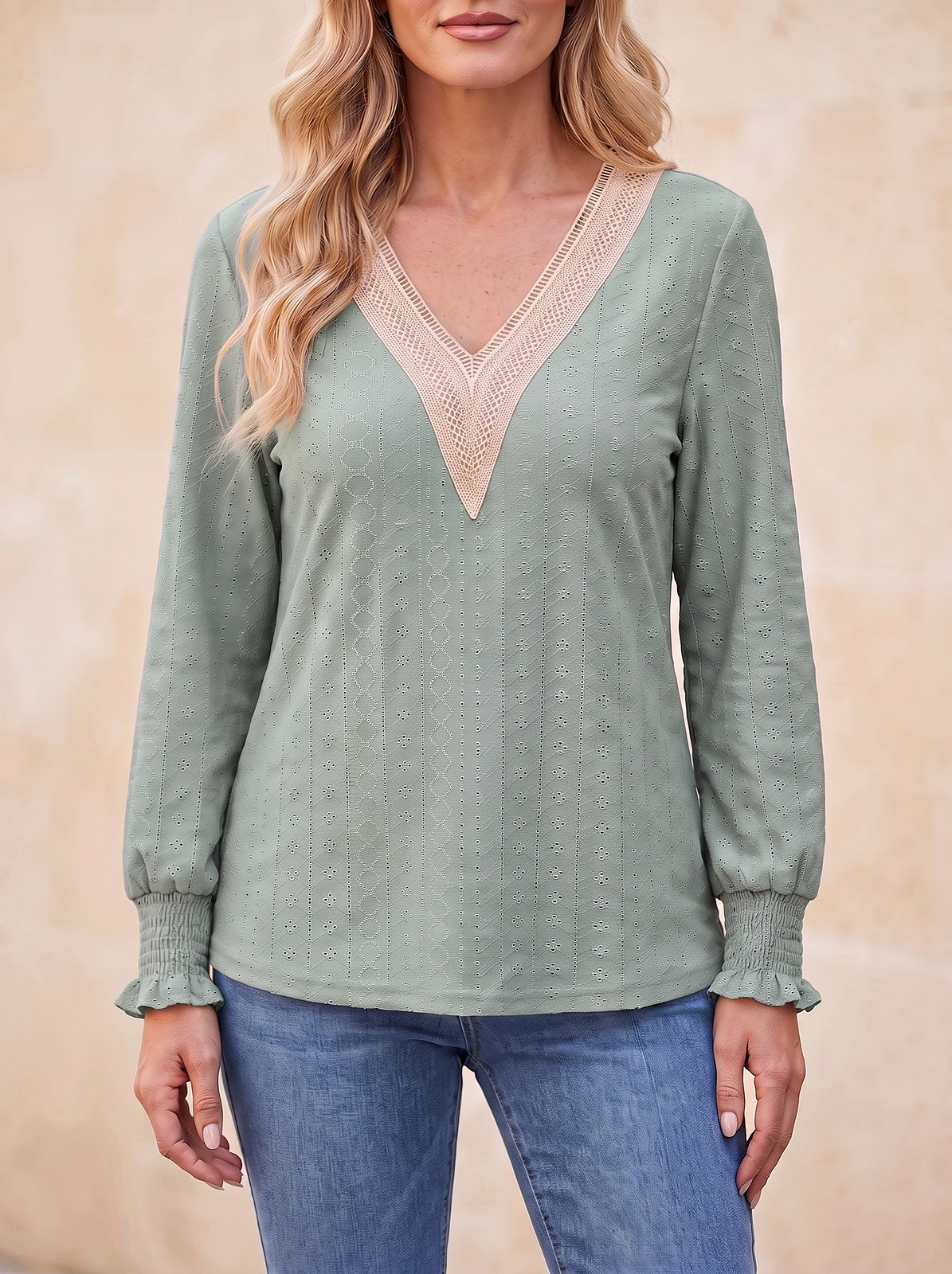 Women's Eyelet Ruffle Long Sleeve Blouse
