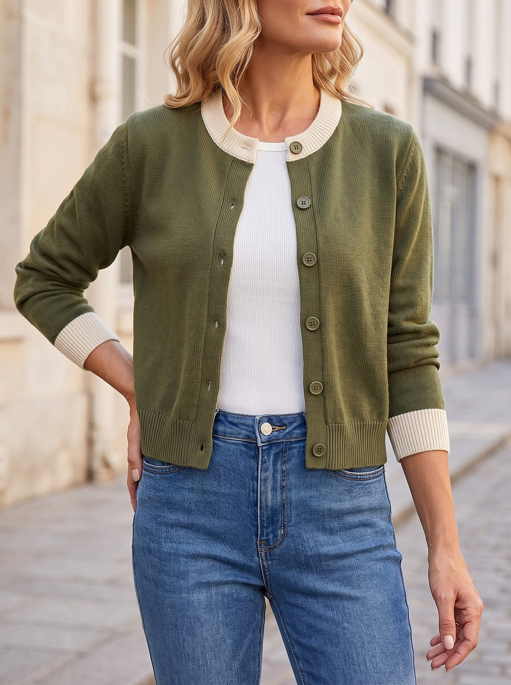 Women's Cropped Ribbed Trim Knit Cardigan