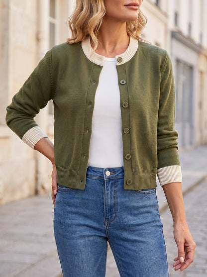 Women's Cropped Ribbed Trim Knit Cardigan