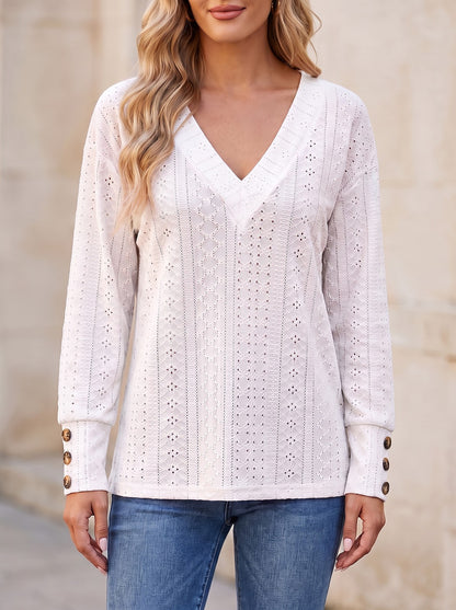 Women's Eyelet V Neck Button Blouse