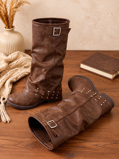 Women's Brown Studded Slouch Boots