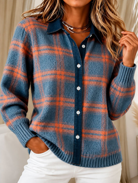 Women's Checked Cardigan with Shirt Collar and Reinforced Seams