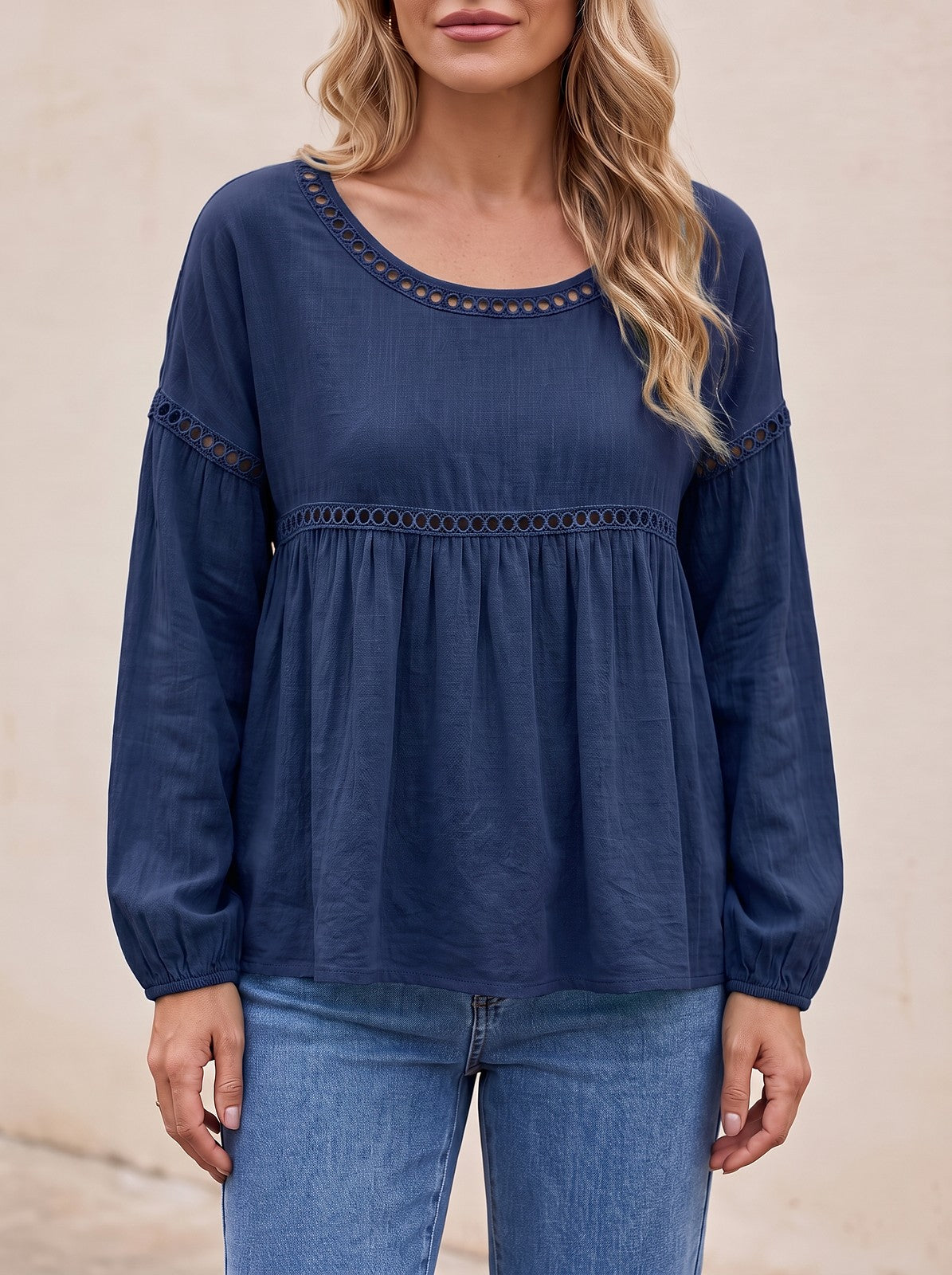 Women's Loose Hollow Lace Long Sleeve Top