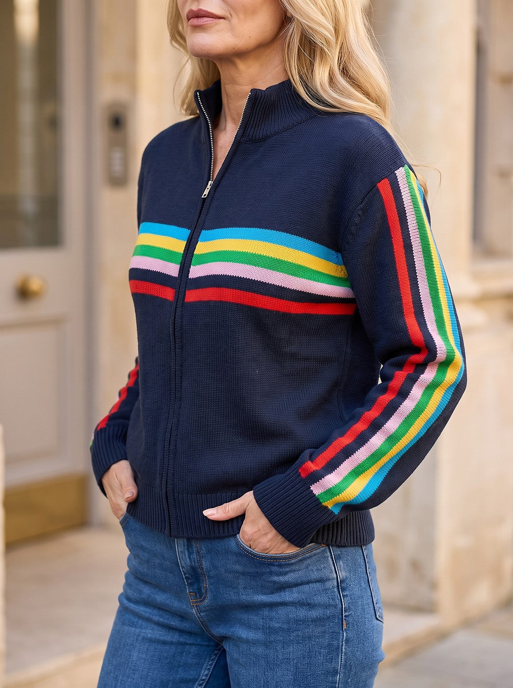 Women's Stripe Sleeve Zip Knit Jacket