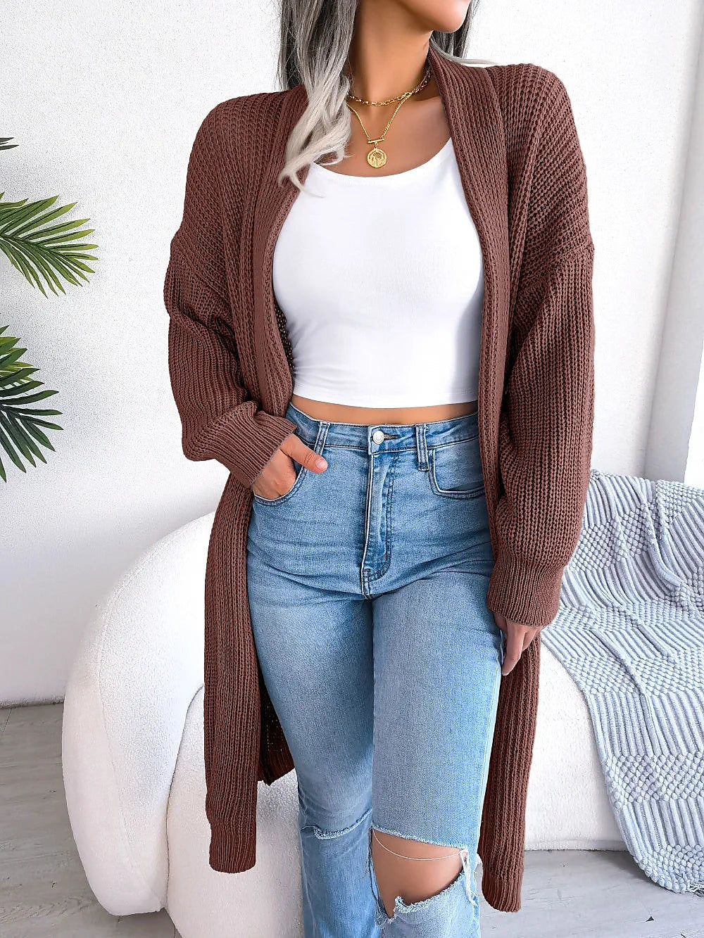 Women's Easy Wear Chunky Ribbed Longline Cardigan