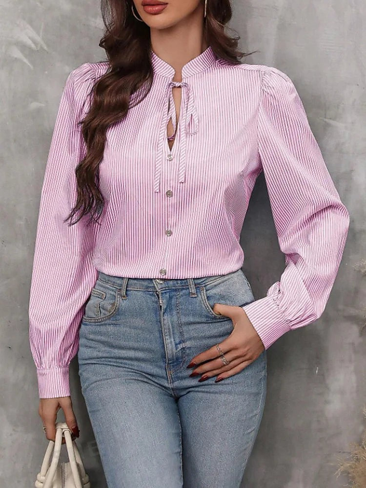 Women's Striped Tie Neck Blouse