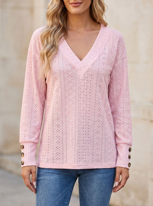 Women's Eyelet V Neck Button Blouse