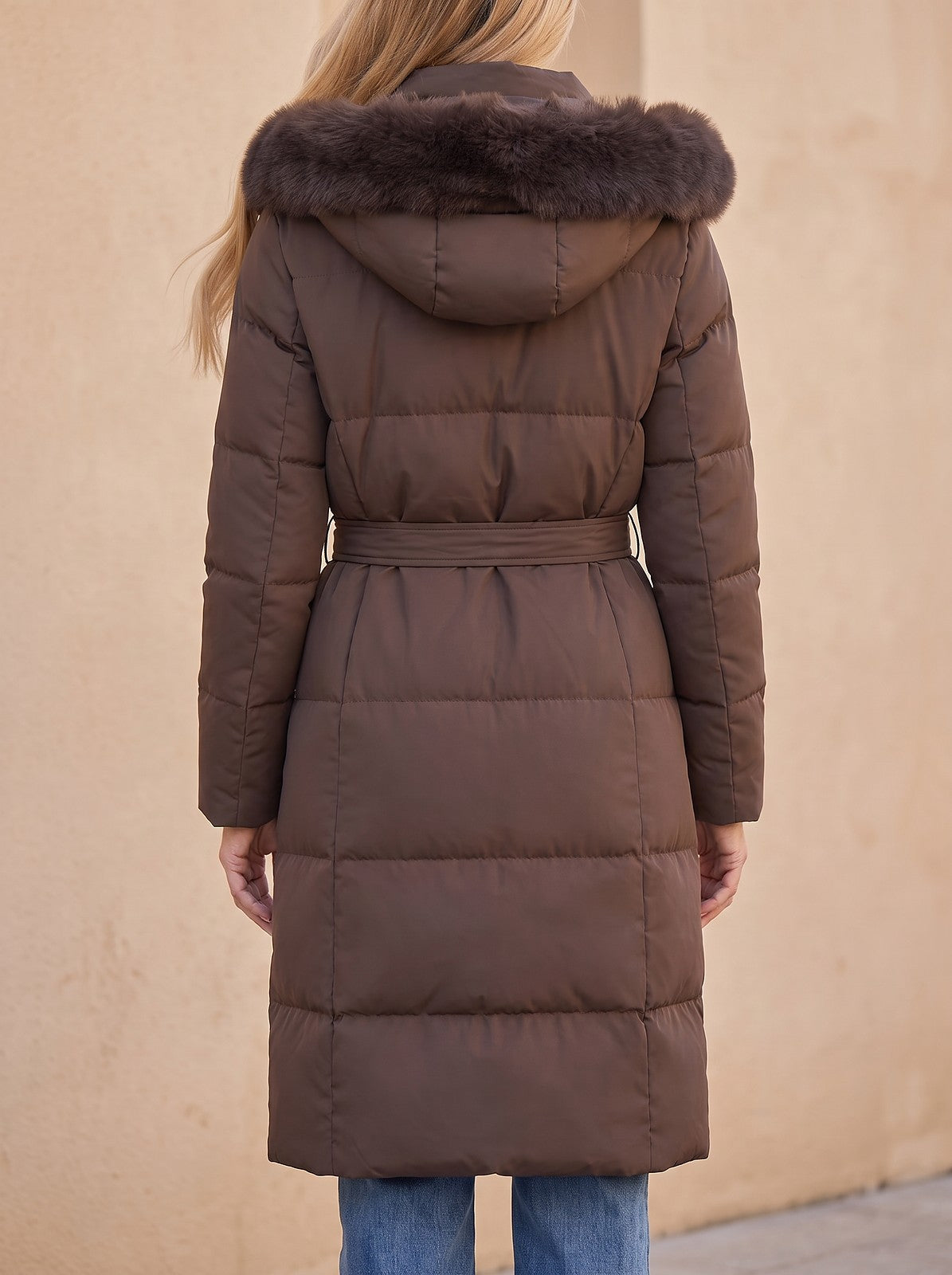 Women's Belted Faux Fur Hood Puffer Coat