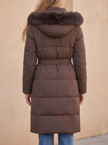 Women's Belted Faux Fur Hood Puffer Coat