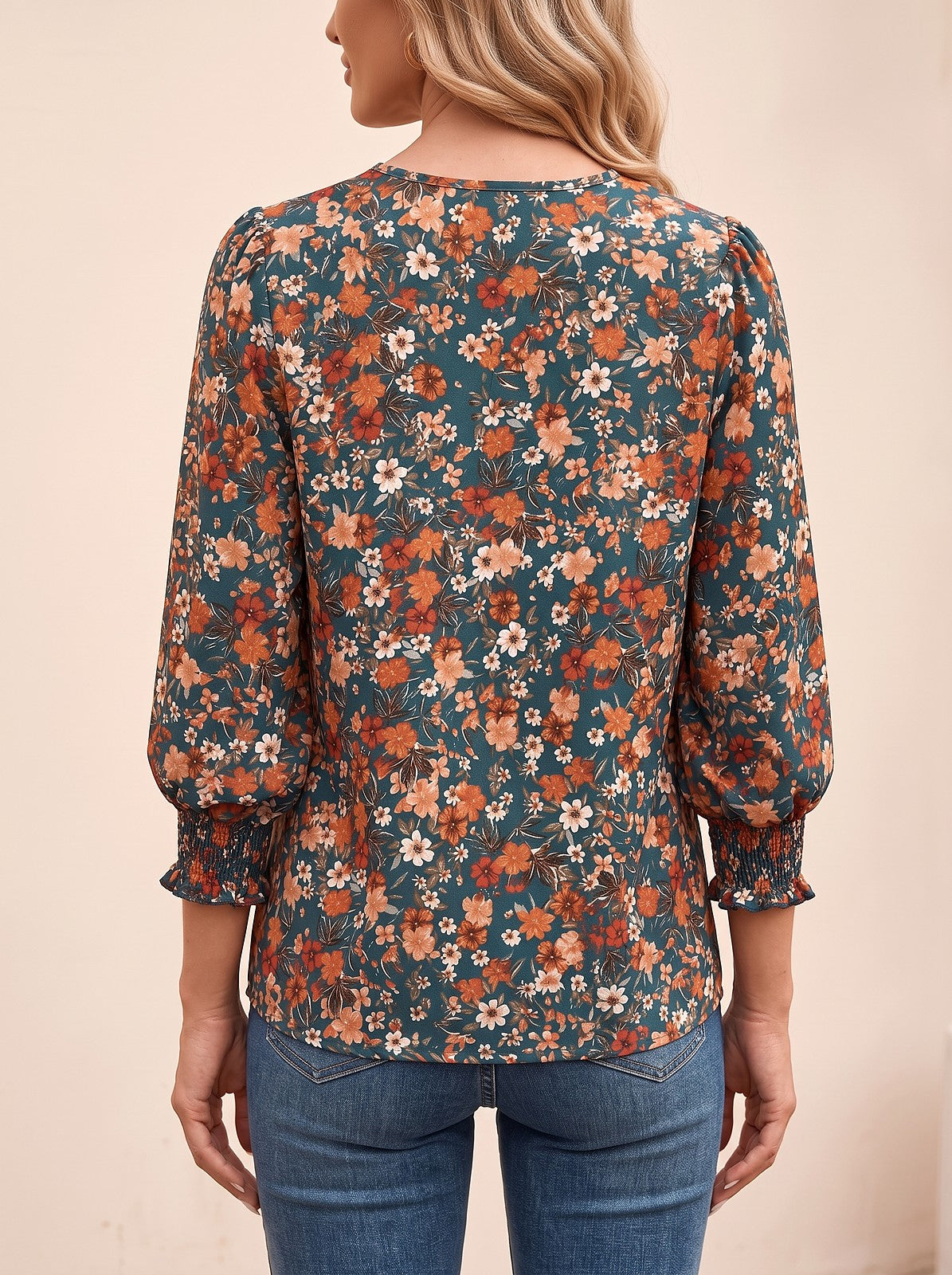 Women's Ruffle 3/4 Sleeve V Neck Top