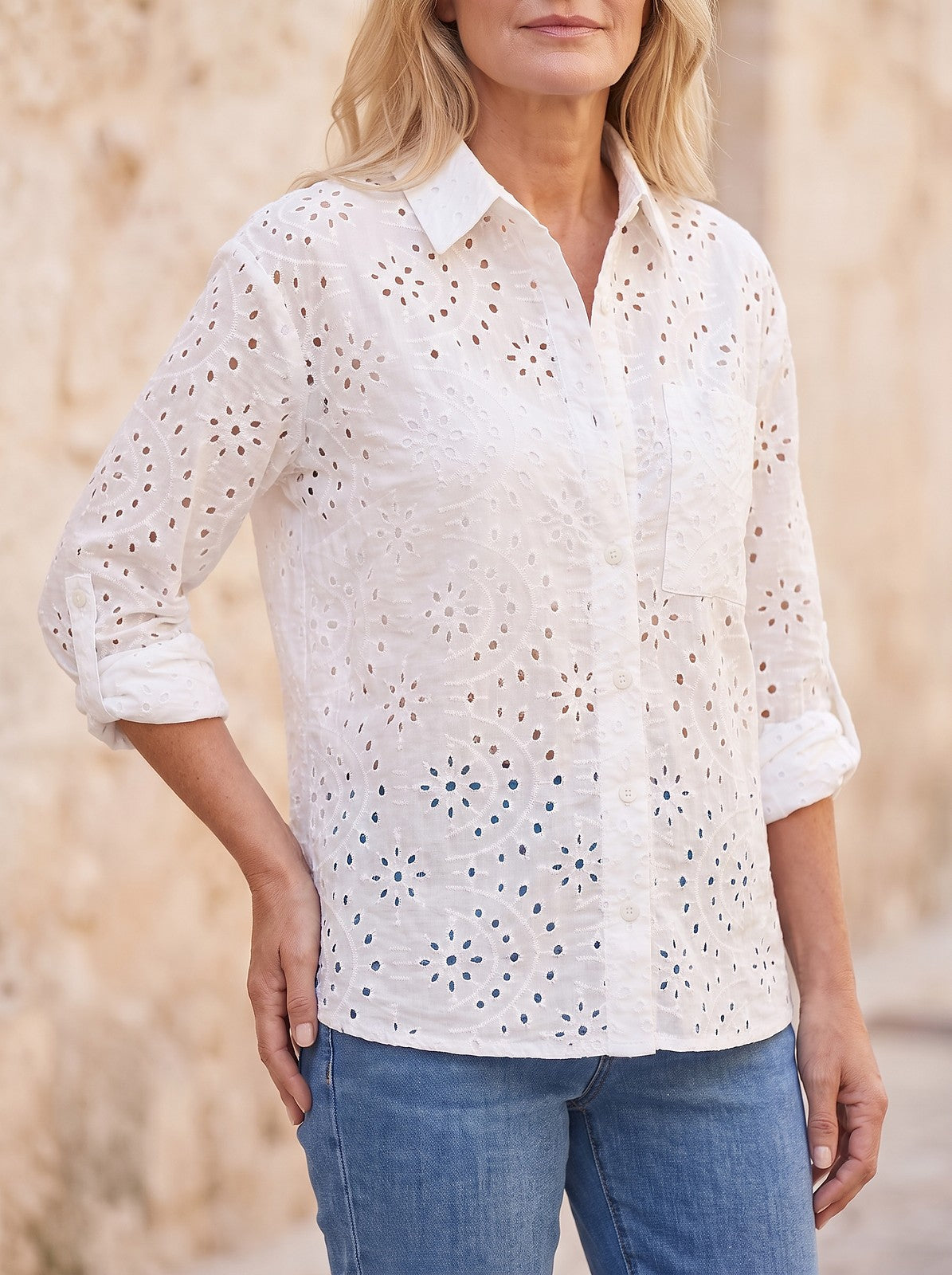 Women's Eyelet Loose Button Down Blouse