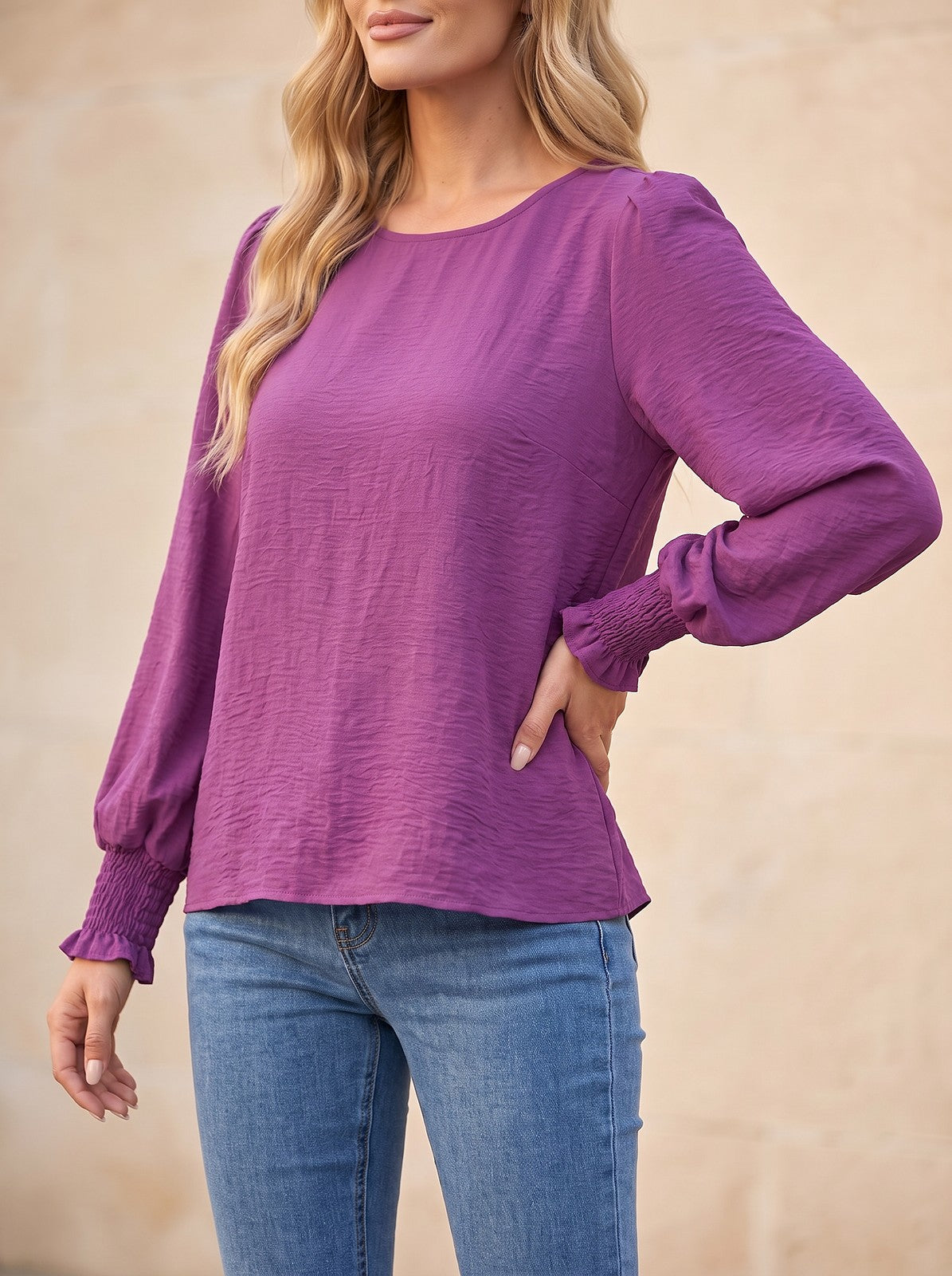 Women's Solid Ruffle Puff Sleeve Top