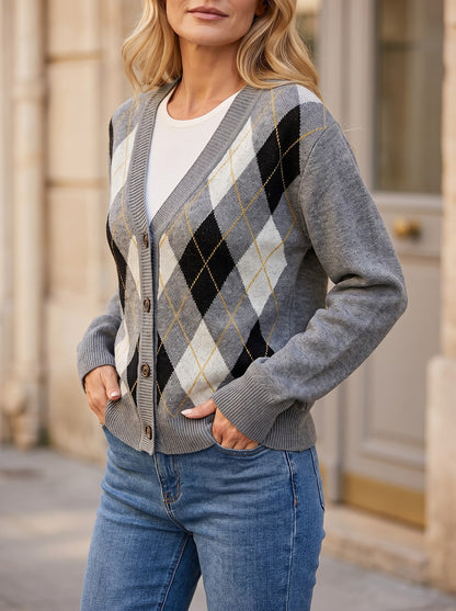 Women's Diamond Argyle Cardigan Ribbed Trim