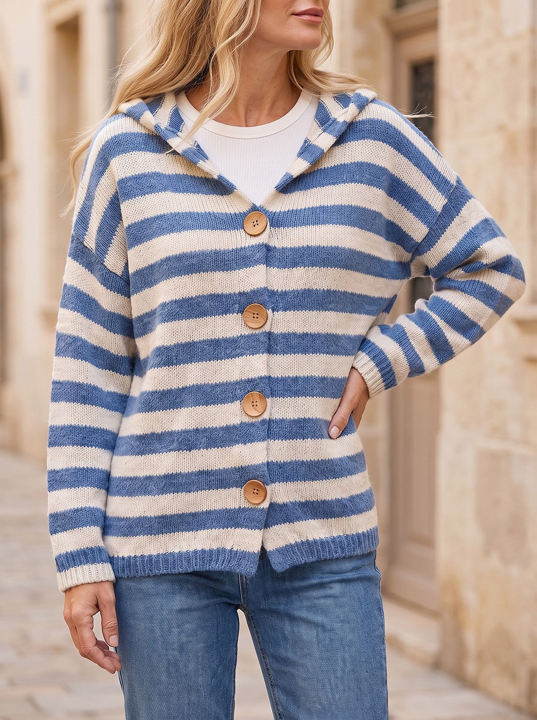 Women's Striped Hooded Button Up Cardigan