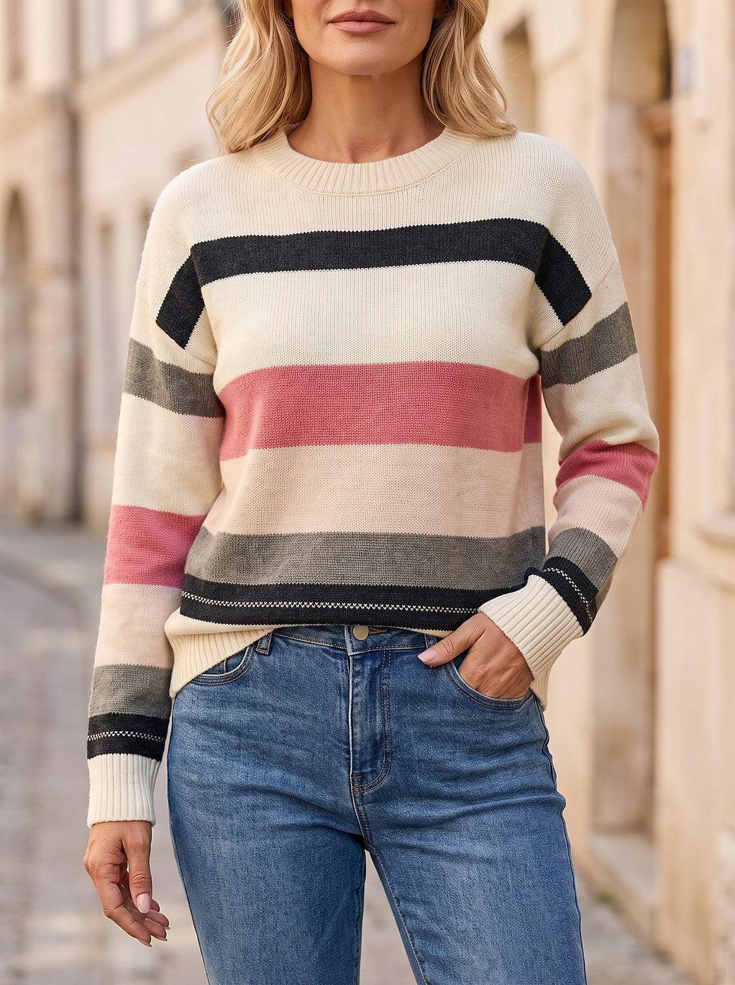 Women's Drop Shoulder Stripe Knit Jumper